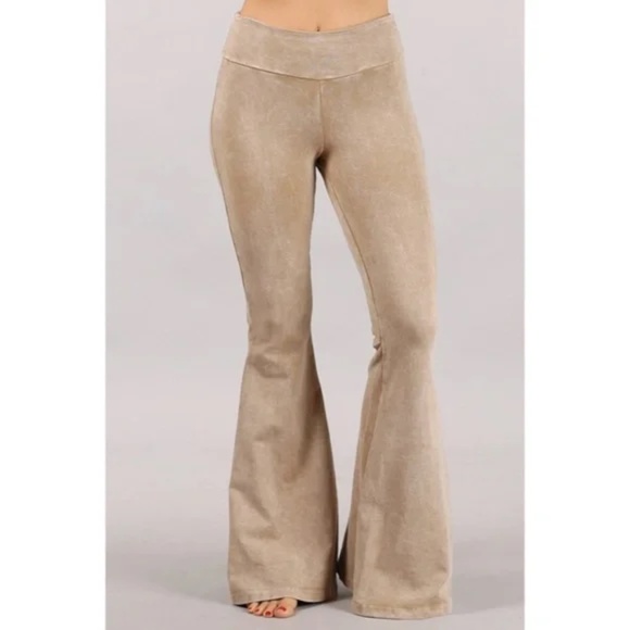 Beige Mineral Wash French Terry Flared Bell Bottom Pull On Pants w/ Pockets - Picture 3 of 5